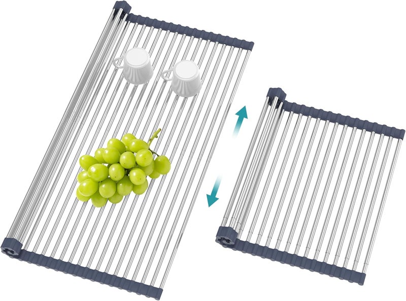 BBXTYLY Extra Large Expandable Roll Up Dish Drying Rack,Over The Sink Drying Rack Sink Cover Kitchen Sink Accessories Kitchen Rolling up Stainless Steel Drainer, Foldable,Rollable（Grey，22.8''-17''） - Image 1
